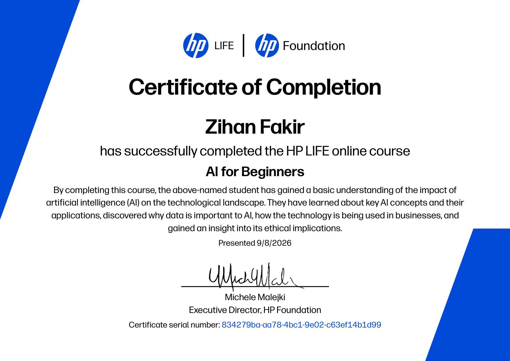 HP LIFE AI for Beginners Certificate